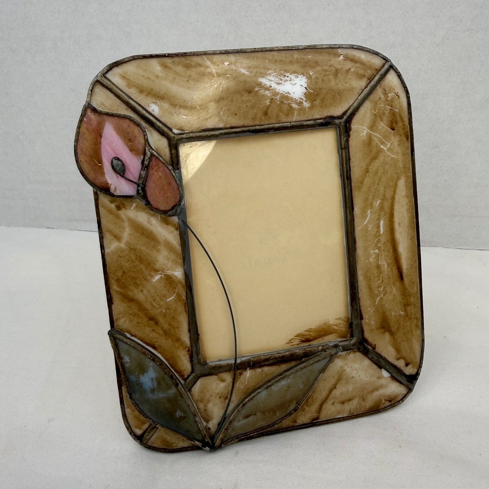 Vintage Renate Stained Slag Glass Picture Frame Tan Calla Lily Flower Artisan